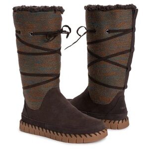 Muk Luks Flexi New York Chocolate Brown Suede Knit Fabric Boots Faux-Shearling